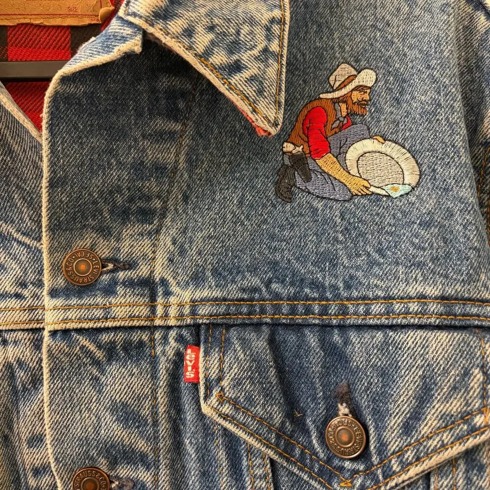 Vintage 90s Levi's Denim Jacket XL Made in USA Gold Miner Red Flannel Lined